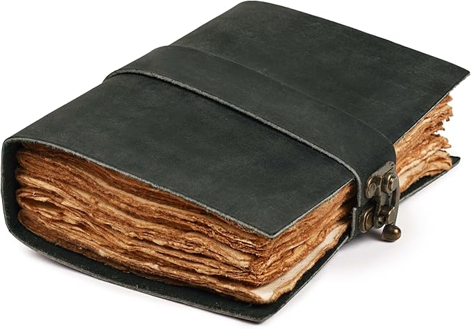 LEATHER VILLAGE Leather Bound Vintage Journal for Women & Men - Book of Shadows - Lock Closure - 200 Pages of Antique Deckle Edges Handmade Paper - Rustic Black Color - 7 X 5 inches