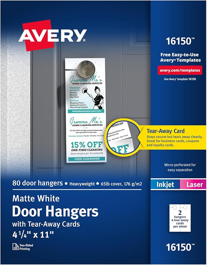 Avery Printable Door Hangers with Tear-Away Cards, 4.25" x 11", Matte White, 80 Blank Door Hangers for Laser and Inkjet Printers (16150)