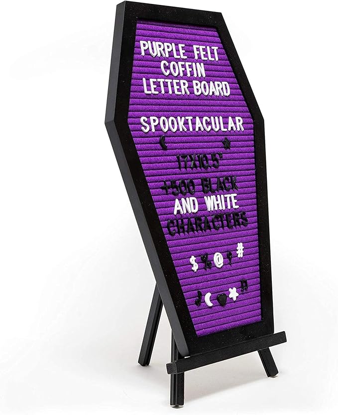 Coffin Letter Board Purple With Spooky Emojis +500 Characters, and Wooden Stand - 17x10.5 Inches - Gothic Halloween Decor Spooky Gifts Decorations