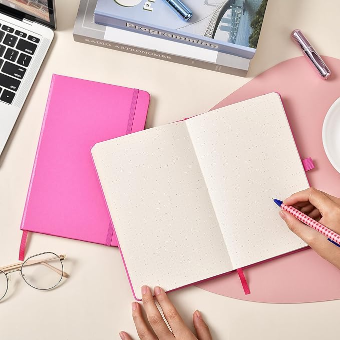 Dotted Journal/Notebook - Dot Grid Hard Cover Notebook, Premium Thick Paper with Fine Inner Pocket, Black Smooth Faux Leather, Pen Loop, 5.3'' x 8.26'' - Raspberry