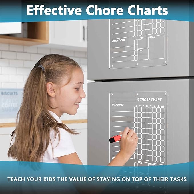 Acrylic Magnetic Chore Chart for 2 Kids, Clear Chores Chart for Fridge Refrigerator, Weekly Dry Erase Board for Multiple Kids Teens Adults, w/ 8 Colors Markers, 15"x11"