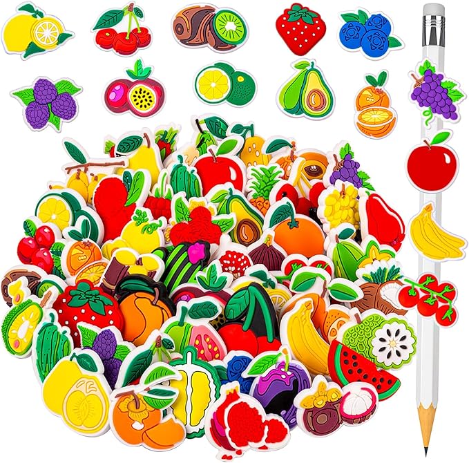 WDAHDHP Pencil Clips Topper for Kids, 50Pcs Different Cute Pencil Fruit Clips, Pencil Charms Bulk for Boys and Girls Classroom Prizes School Rewards