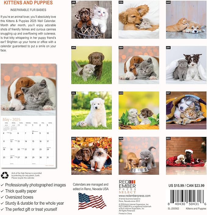 RED EMBER Select - Kittens & Puppies 2025 Wall Calendar 12 Month | 12" x 24" Open | Thick & Sturdy Paper | Giftable | Calendar 2025