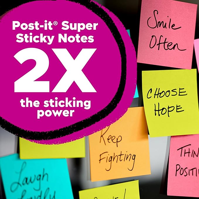 Post-it Super Sticky Notes, 12 Sticky Note Pads, 3 x 3 in., School Supplies, Office Products, Sticky Notes for Vertical Surfaces, Monitors, Walls and Windows, Summer Joy Collection