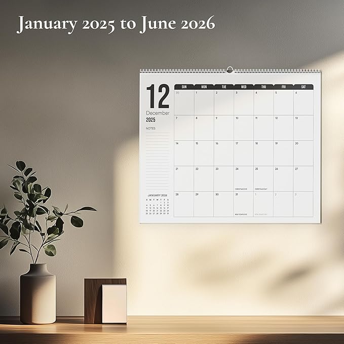 Makaplan Black & White Horizontal Coil Wall Calendar 2025-18 Month Calendar January 2025 to June 2026, 11x13.5 Inches Sleek Black & White Design with Spiral Twin-Wire Binding