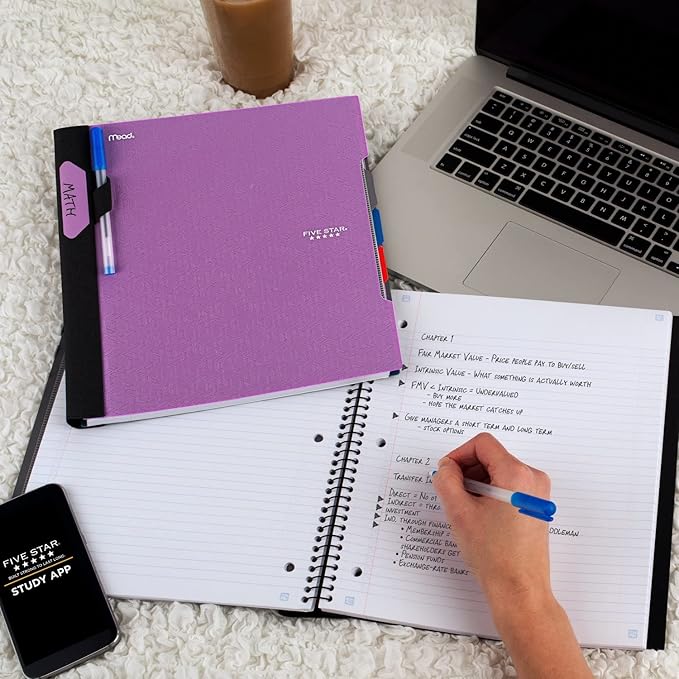 Five Star Advance Spiral Notebook + Study App, 3 Subject, College Ruled Paper, 8-1/2" x 11", 150 Sheets, Spiral Guard, Movable Tabbed Dividers and Pockets, Amethyst Purple (820060G)