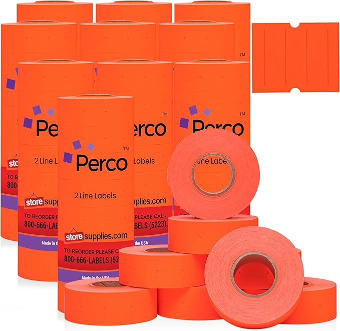 Perco 2 Line Fluorescent Red Labels - 80 Rolls, 10 Sleeves, 80,000 Blank Price and Date Gun Labels for Perco 2 Line Price and Date Guns - Made in USA