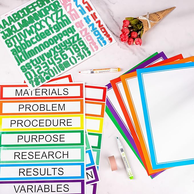 39 Sheets Science Fair Board Supplies - 24 Self Adhesive Presentation Subtitles, 6 Science Fair Project Titles, 2 Blank Titles, 7 Personalized Letter Stickers for Classroom Office, Colorful