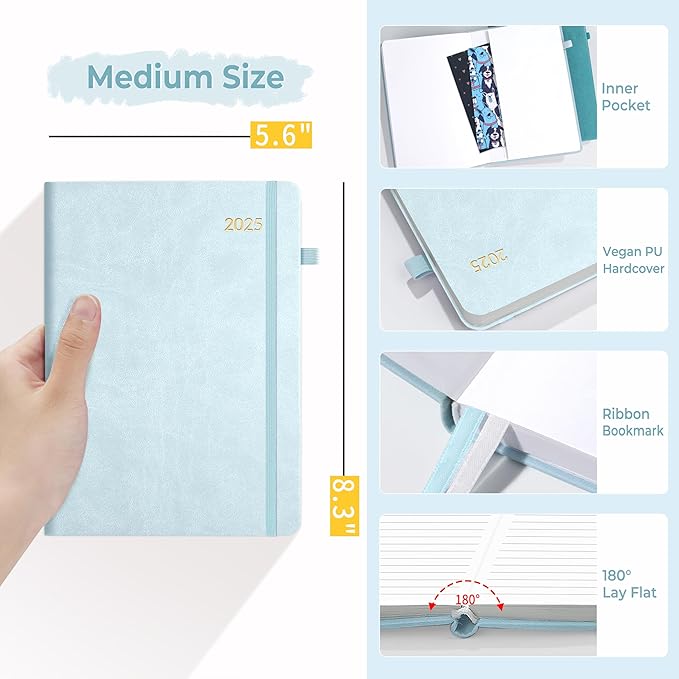SUNEE 2025 Weekly & Monthly Hardcover Planner 5.5" x 8.3" - 12 Month (January 2025 - December 2025), Small Hardcover Planner, Pocket, Notes, 100 GSM Paper, Grey Blue