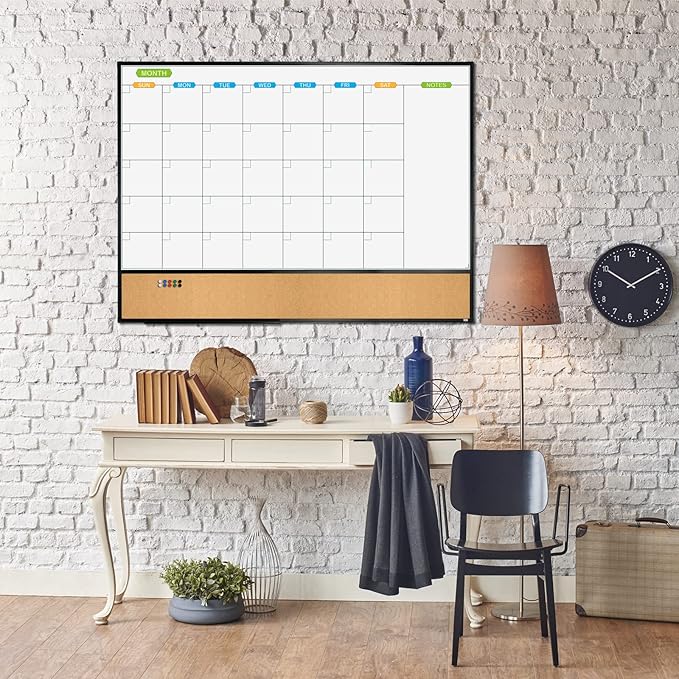 JILoffice Magnetic Calendar Whiteboard & Bulletin Corkboard Combination, Combo Board 48 x 36 Inch, Black Aluminum Frame Wall Mounted Board for Office Home and School with 10 Push Pins