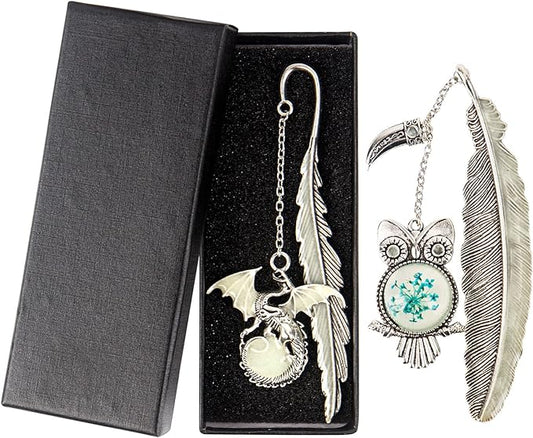 2 Pack Vintage Feather Metal Bookmark, Unique Glow in The Dark Bookmark Gift for Men Women(Dragon & Owl Antique Silver)