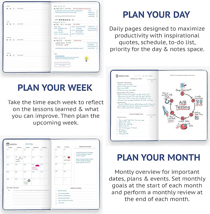 Pro - Goal Setting Planner to Increase Productivity and Achieve Personal and Business Goals. 12 Month Undated Daily, Weekly and Monthly Journal Organizer with Calendar (Blue)