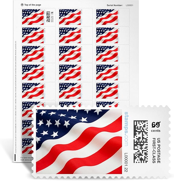 Stars & Stripes NetStamps 120-Pack (5 Sheets) Printable Postage Labels (Stamps.com Subscription Required) - Print Approved Postage - Inkjet & Laser Printers - Business, Personal, Home