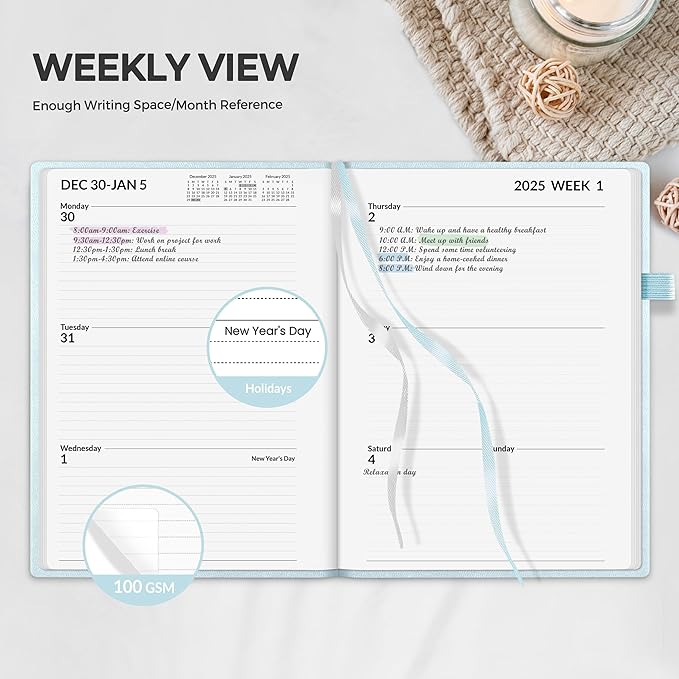 SUNEE 2025 Weekly & Monthly Hardcover Planner 5.5" x 8.3" - 12 Month (January 2025 - December 2025), Small Hardcover Planner, Pocket, Notes, 100 GSM Paper, Grey Blue