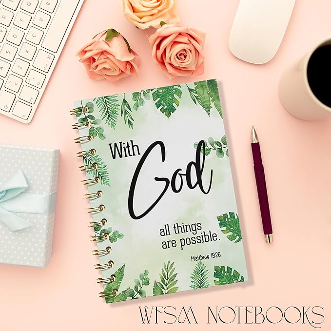 Inspirational Christian Notebook - With God All Things Are Possible Journal, Bible Verse Spiral Notebook, Christian Decor, Inspirational Christian Gifts, Gifts for Employees, 5.5x8.3 Inches