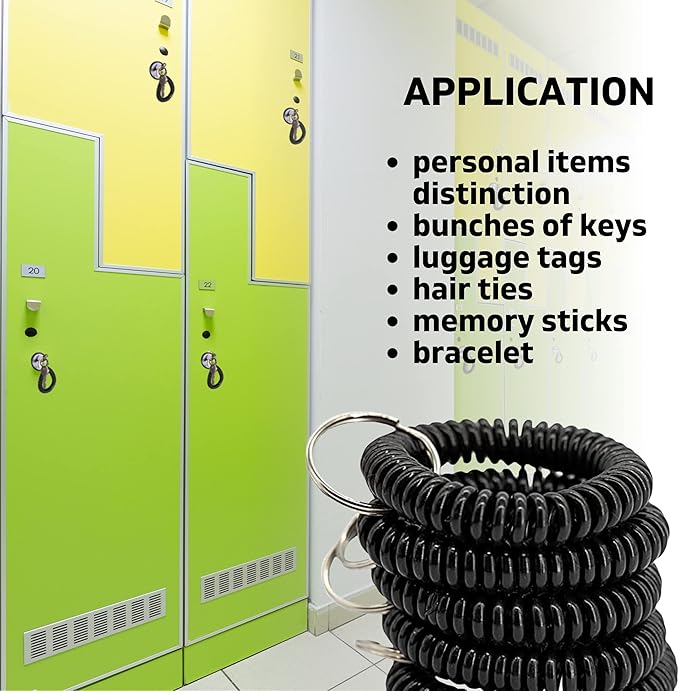 100PCS Keychain Wristlet Wrist Keychain Wristband Elastic Stretchable Spiral Bracelet Key Hook Key Holder for Gym Pool Spring Spiral Coil Black