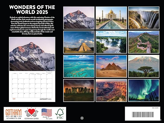 Wonders of the World Calendar 2025 Natural Wonder Nature Travel Monthly Wall Calender 12 Month | American Made In The USA