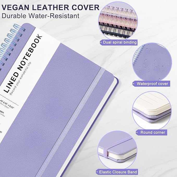 Lined Spiral Journal Notebook, A5 Hardcover Leather Notebook for Work, 5.7''×8.2'', 100GSM Thick Paper Spiral Bound Journaling Notebooks for Women & Men Office School Note Taking Business, Purple