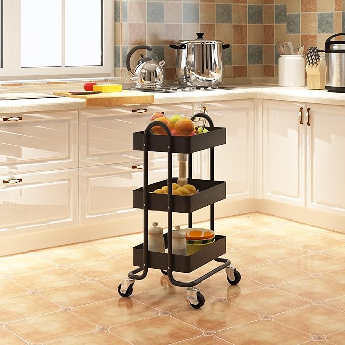 3-Tier Rolling Metal Storage Organizer,Mobile Utility Cart,Kitchen Storage Carts with Caster Wheels,Rolling Utility Cart Suitable for Office,Home,Kitchen,Garden๏ผ13.4"x18.1"x31"๏ผ Black