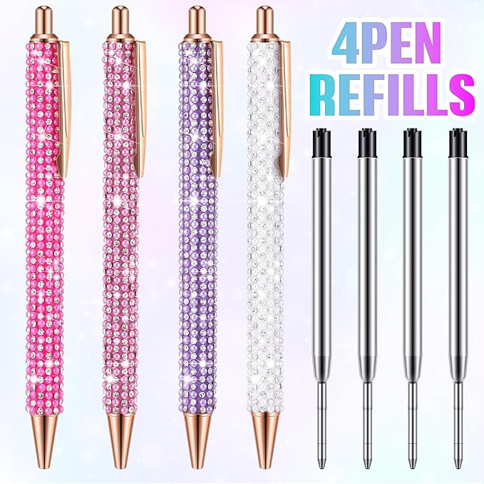 Ireer 4 Pcs Bling Rhinestone Sparkly Pens for Women Diamond Ink Crystal Glitter Metal Ballpoint Bedazzled Fancy Pens 4 Pcs 1.0mm Refills(Pink Series Color)