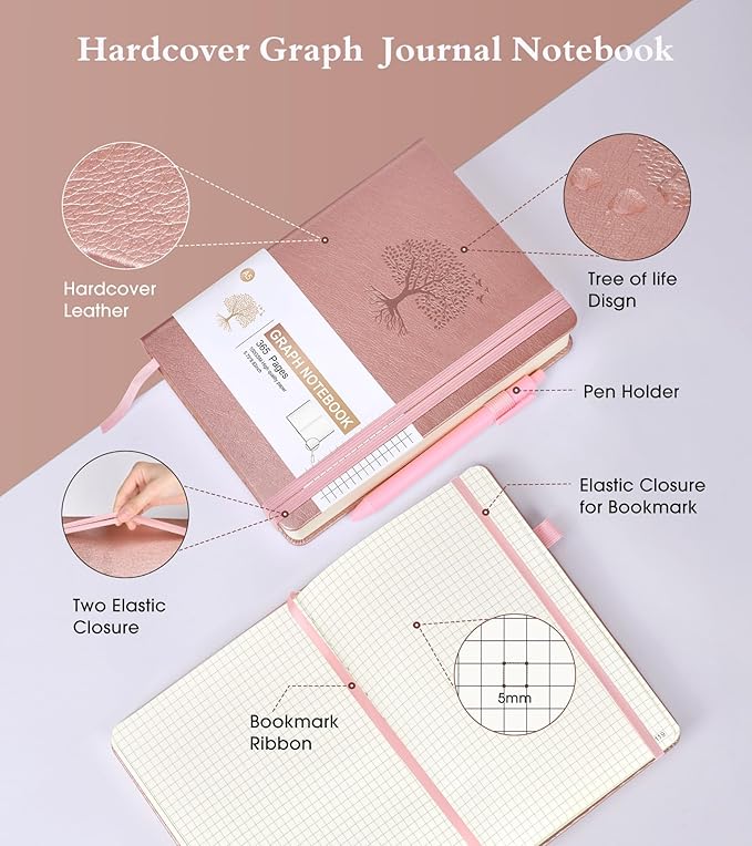 Graph Paper Notebook Journal, 360 Numbered Pages Grid Notebooks, Thick 100gsm Graphing Paper Notebook for Women Men, A5 Large Hardcover Leather Graph Journals for Writing Math 5.75'' × 8.38'' Pink