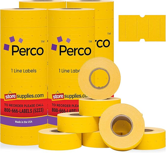 Perco 1 Line Yellow Labels - 32 Rolls, 4 Sleeves, 32,000 Blank Price and Date Gun Labels for Perco 1 Line Price and Date Guns - Made in USA