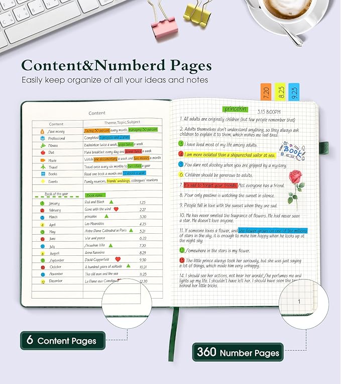 Graph Paper Notebook Journal, 360 Numbered Pages Grid Notebooks 8.5 x 11, Thick 100gsm Paper Graphing Notebook Journals for Women Men, A4 Large Hardcover Graph Leather Notebook Green