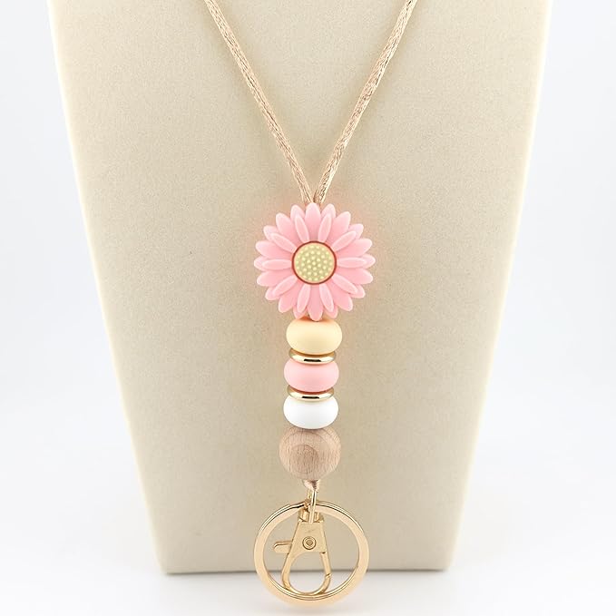 Flower Teacher Lanyards ID Badge and Key Chain, Cute Silicone Beads Lanyard for Women Nurse Work Student (Pink)