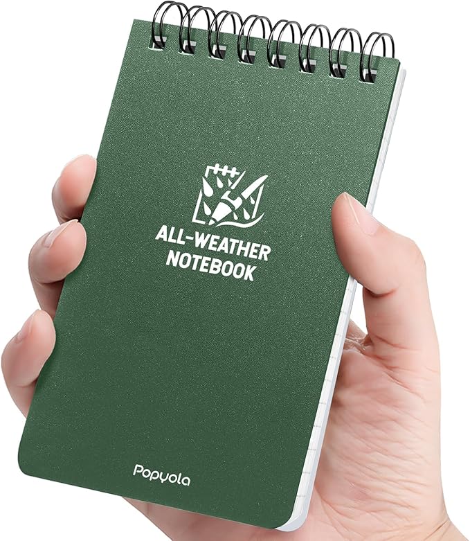 POPYOLA 1 Pack Waterproof Pocket Notebook, 3x5 Pocket Notepad, All Weather Mini Spiral Notepad, Write in the Rain Police Notepad with 100 Squared Pages for Outdoor Home Office School, Green