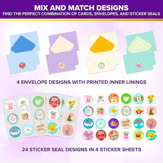 Decorably 24 Pack 4x6in Cute Get Well Cards Assortment Box with Envelopes and Stickers, 24 Unique Designs Get Well Soon Cards with Printed Message Inside