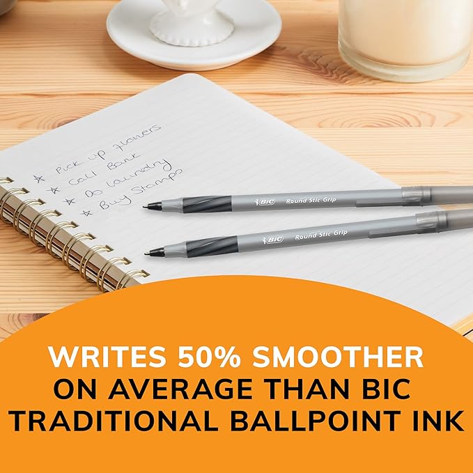 BIC Round Stic Grip Xtra-Comfort Medium Ball Point Pen, Black, 24 Pack