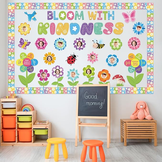 Kosiz Spring Kindness Bulletin Board Decorations Set Flower Paper Cutouts Bloom with Kindness Colorful Butterfly Bee Bird Classroom Decorations with Floral Border for School Chalkboard Wall Door Home