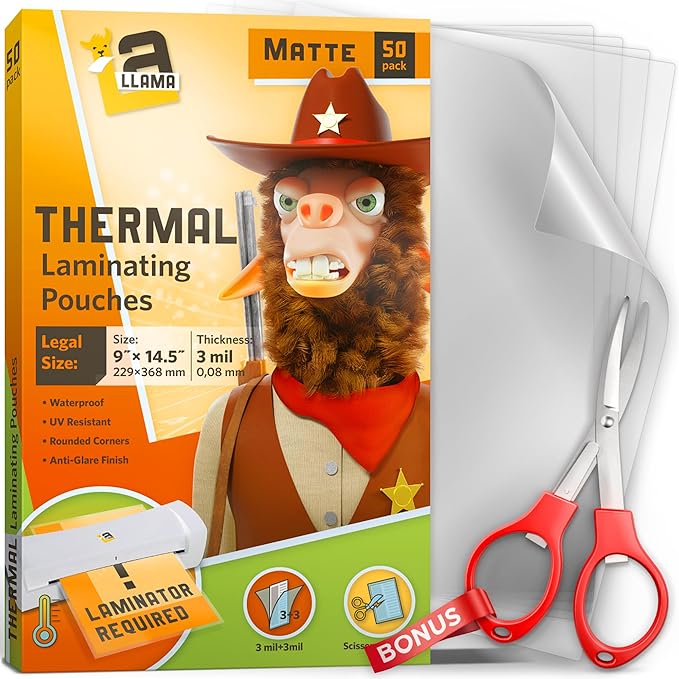 Matte Laminating Sheets 9β x 14.5β, 3 Mil Thick, 50 Pack, Legal Size Matte Thermal Laminating Pouches 8.5 x 14