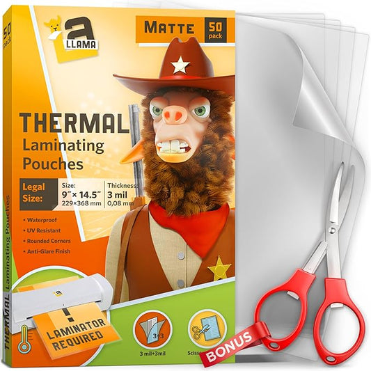 Matte Laminating Sheets 9” x 14.5”, 3 Mil Thick, 50 Pack, Legal Size Matte Thermal Laminating Pouches 8.5 x 14