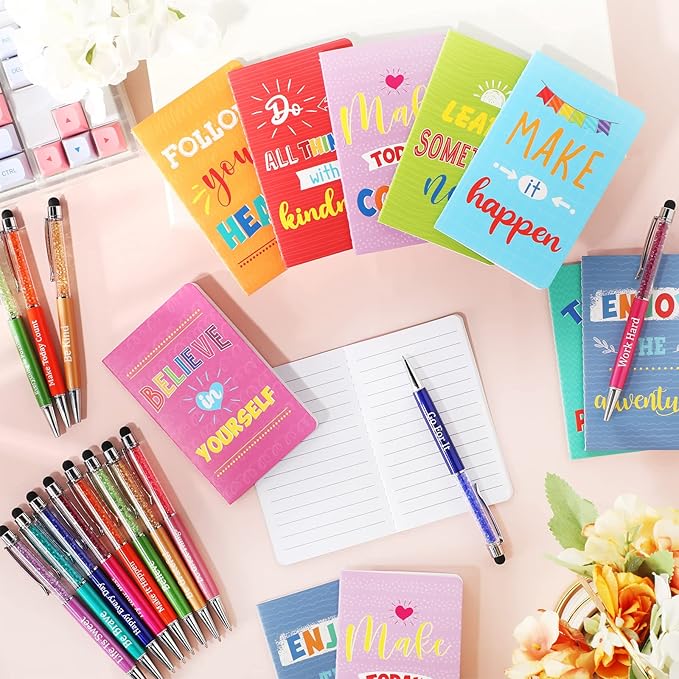 Funrous 32 Pcs Motivational Quote Pens Inspirational Notepads Mini Journal with Ballpoint Pen Small Notebooks Gift Set for Men Women Coworkers, Adult Party Favors Prizes Gift Bulk(Colorful)