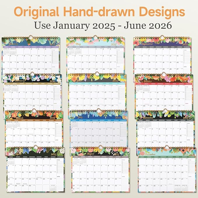 Lbylyhxc 2025-2026 Calendar - 18 Monthly Wall Calendar 2025-2026 from January 2025 to June 2026, 11 x 8.5 Inches.Thick Paper with Julian Dates and Block for New Year and Christmas Presents (2025-2026 wall calendar flower)