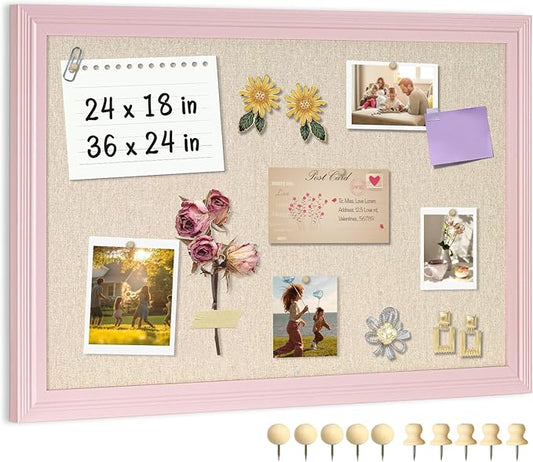 Large Cork Board with Linen, 24" x 18" Hanging Pink Wood Framed Bulletin Board, Picture Display Vision Board Corkboards for Wall Room School Office Decor, 10 Pushpins, 1 Pack