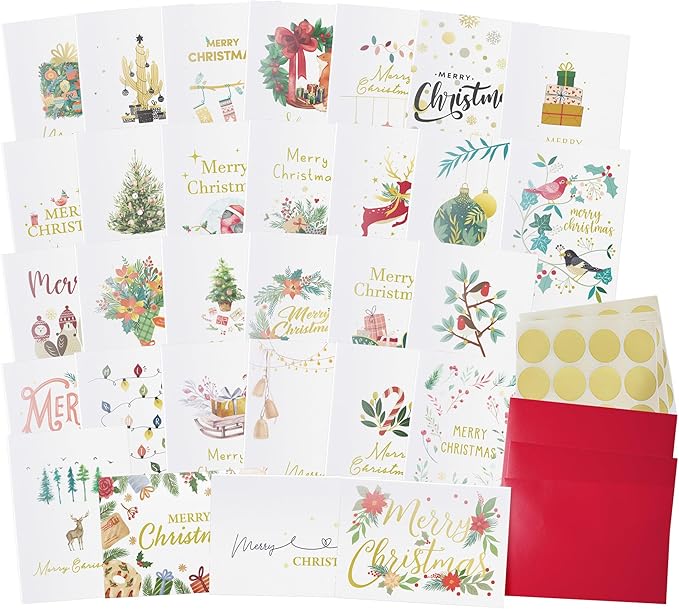 Dessie 30 Unique Christmas Cards with Envelopes 4x6 and Gold Sealing Stickers. Short Greetings Inside. Boxed Christmas Cards and Happy Holiday Greeting Cards Set.