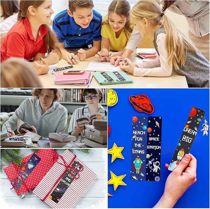 Christmas Space Theme Bookmarks with Metal Charms Planet Rocket Space Ship Theme Bookmarks Inspirational Quotes Bookmarks for Space Christmas Party Favors Gifts Kids Boys Girls Encourage(72 Pieces)