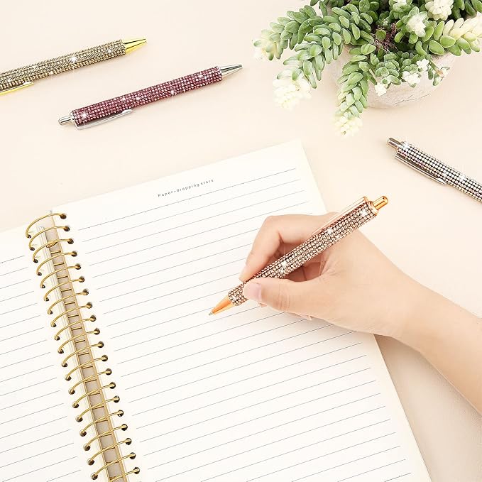 Ireer 4 Pcs Bling Rhinestone Sparkly Pens for Women Diamond Ink Crystal Glitter Metal Ballpoint Bedazzled Fancy Pens 4 Pcs 1.0mm Refills(Gold, Silver, Pink and Rose Gold)