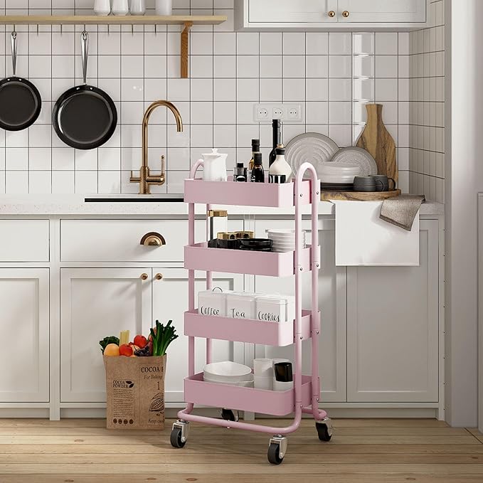 4-Tier Pink Rolling Cart,Metal Utility Rolling Cart with Handle,Multifunction Rolling Carts with Wheels,Kitchen Storage Carts Suitable for Office,Home,Kitchen,Garden๏ผ13.4"x18.1"x40"๏ผ Pink