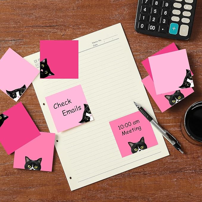 9 Pads Black Cat Sticky Notes Set, Pink Self-Stick Note Pads, Super Adhesive Memo Pads Cute Note Card for Cat Lover Gift, Teacher Office and School Supplies, 3x3in