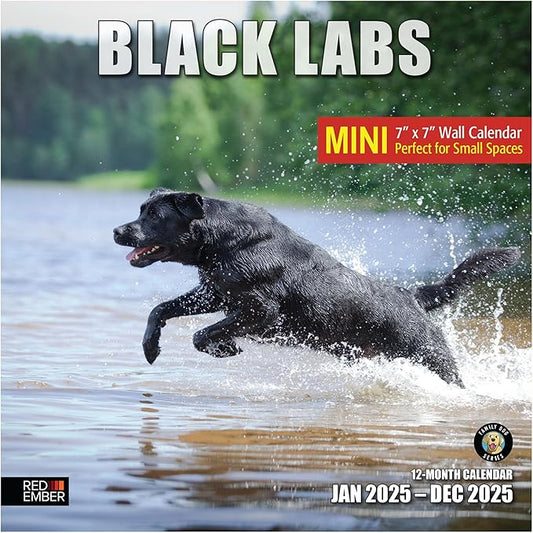 RED EMBER Black Labs Mini 2025 Wall Calendar 12 Month | 7" x 14" Open | Thick & Sturdy Paper | Giftable | Calendar 2025