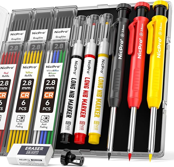 Nicpro 3 Pack CP1000 Carpenter Pencil with Sharpener, Mechanical Carpenter Pencils with 39 Refills, Deep Hole Long Nib Marker Pens for Construction, Heavy Duty Woodworking Pencil for Architect Marking
