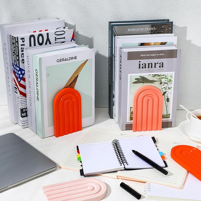 Harloon 4 Pieces Boho Arch Wood Bookends Rainbow Arch Back to School Gift Ideas Non Skid Bookend Decorative Wooden Book Stand Book Stoppers for Books Movies CDs(Vintage Color)