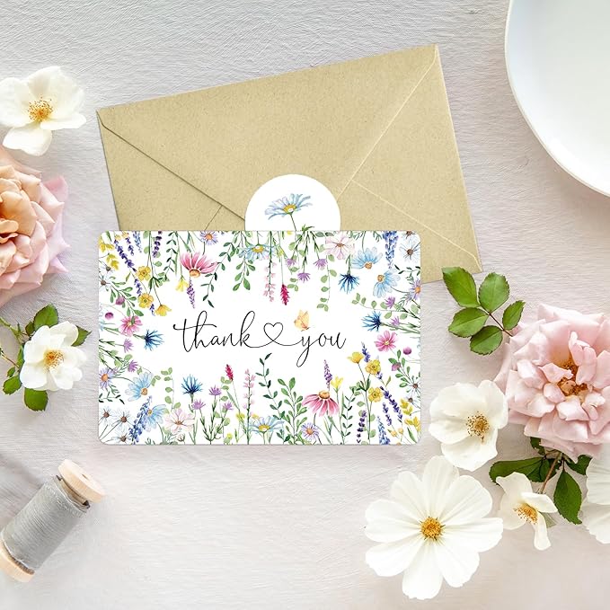 Artoid Mode 24 Pack Daisy Lavender Spring Thank You Cards Floral Leaves Greeting Cards Gift With Envelope Sticker Blank Note Cards for Birthday Wedding Baby Shower Bridal Shower, 4 x 6 Inch