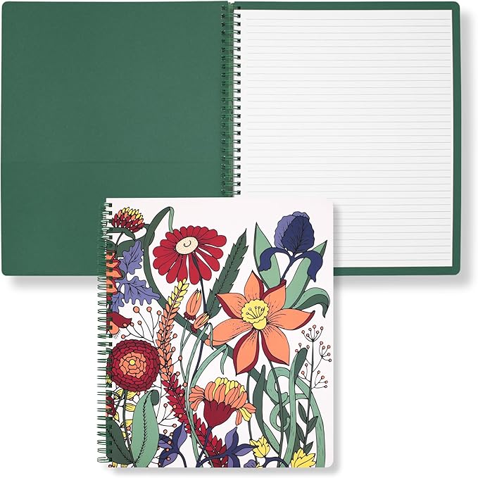Steel Mill & Co Cute Large Spiral Notebook College Ruled, 11" x 9.5" with Durable Hardcover and 160 Lined Pages, Garden Floral