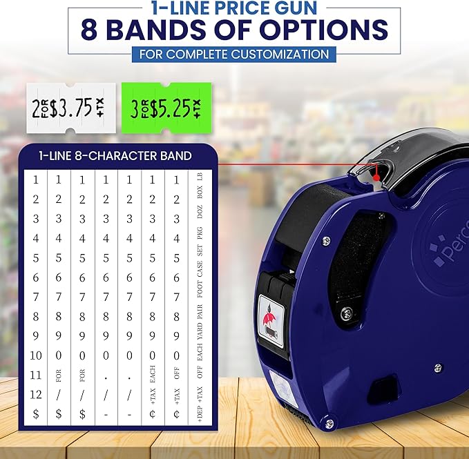 Perco Lite 1 Line Price Gun with Labels Kit - Includes 3 White Rolls, 3 Fluorescent Green Rolls, 2 Ink Rollers, 1 Ink roll and Labels Pre-Loaded