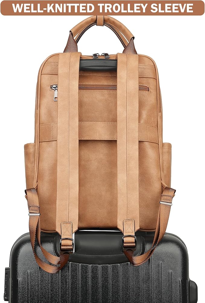 MASINTOR Leather Laptop Backpack for Women, Stylish Computer Backpack College Business Work Shoulder Bags Work and Travel Retro Camel