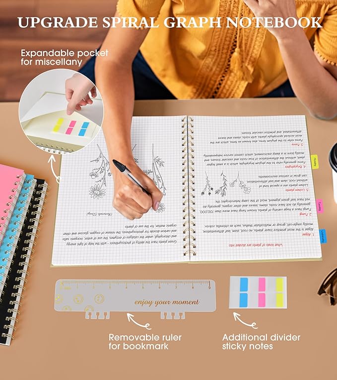 Graph Paper Notebook, Spiral Notebook Journal 8.5” x 11”, A4 Large Grid Notebooks for Women Men, 100 GSM Graph Paper, Plastic Hardcover Spiral Graphing Journals for Work School Engineerin, Yellow